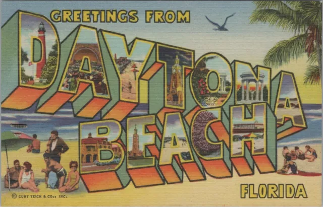 Greetings from Daytona Beach Florida large letters c1940s linen postcard D23x