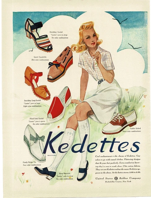 1941 KEDETTES Shoes for women girls Sandals Saddle art Vintage Print Ad