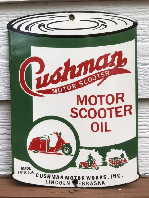 Vintage Cushman Motor Scooter Oil Can 11” Porcelain Advertising Sign