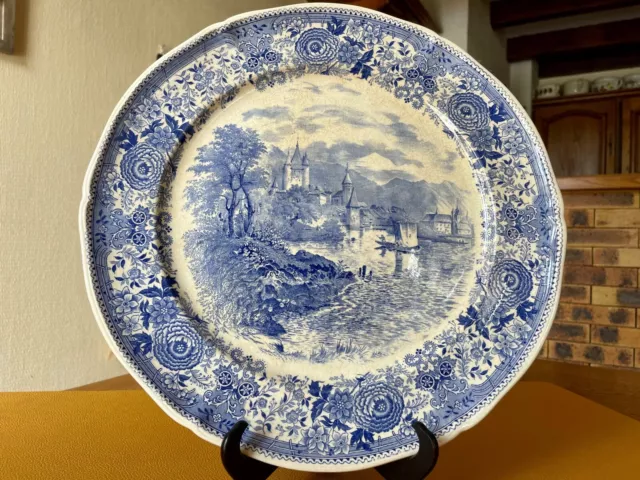 Ancien grand PLAT ROND  faïence VILLEROY & BOCH Saar décor "Burgenland" bleu