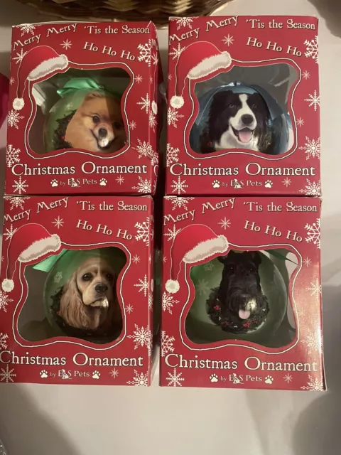 E&S PETS CHRISTMAS XMAS Ball Pets Dog Ornament NIB Set Of 4 Scottie, Collie, Pom