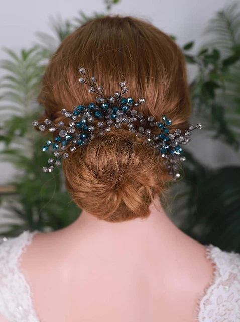 Set of3 Wedding Peacock Blue Hair Pins Wedding Hair Pins Bride Crystal Headpiece