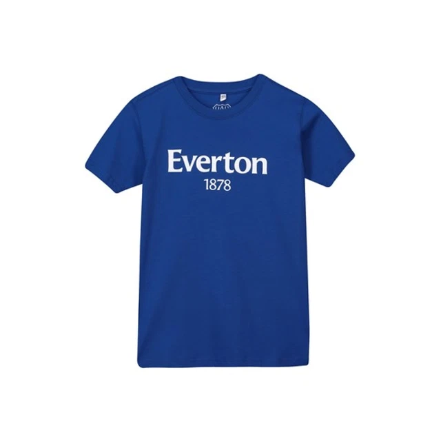 T-shirt da calcio Everton bambino (taglia 4-5y) top grafico Royal Wordmark - nuova
