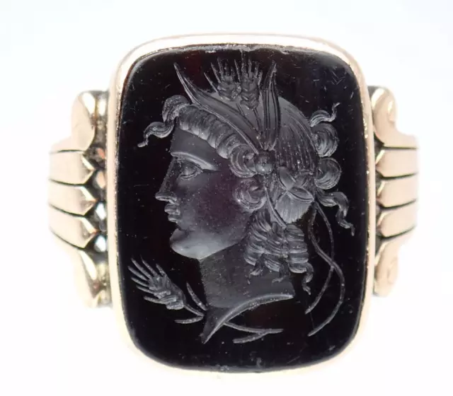 WOW! Antique Georgian Neoclassical 9K Rose Gold Onyx Goddess Intaglio Ring 9.75