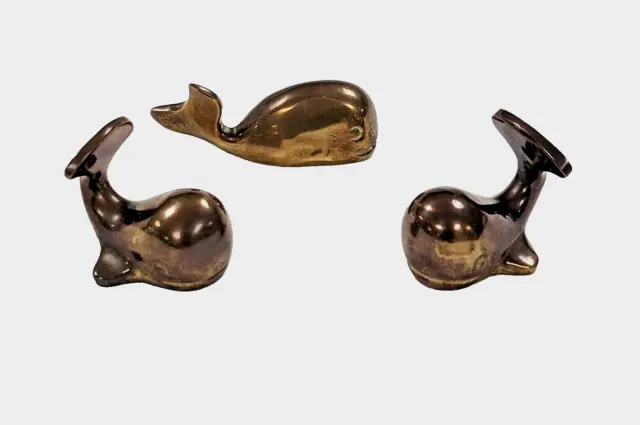 Vintage Lot/3 Miniature Solid Brass Whale Figurines/Paperweights