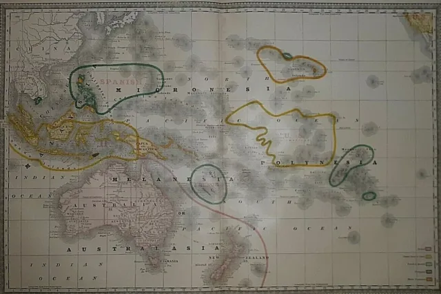 Old Authentic Antique 1881 Map ~ OCEANICA - SOUTH PACIFIC - AUSTRALIA - BORNEO