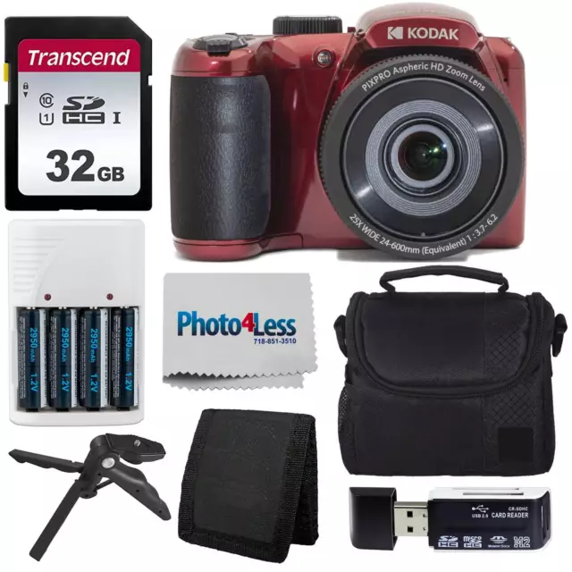 Kodak PIXPRO AZ255 Digital Camera (Red) Bundle + 32GB Memory Card + Accessories