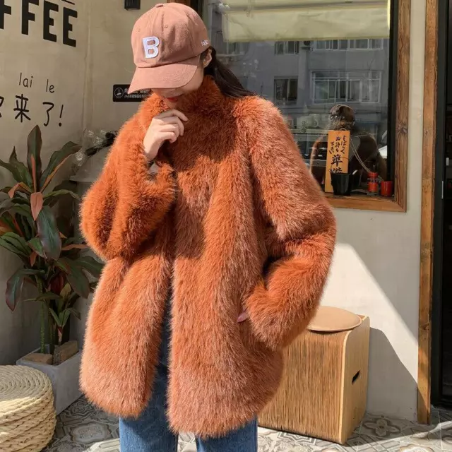 Womens Fashion Winter Furry Coats Stand Collar Jackets Mid Long Fur Parka Trench