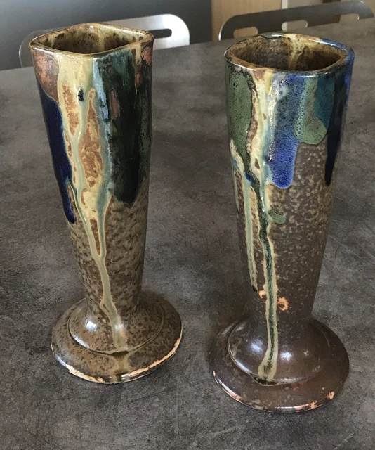 PAIRE de VASES signés en Grès émaillé à COULURES de couleur, Art Déco- 24,5 cm