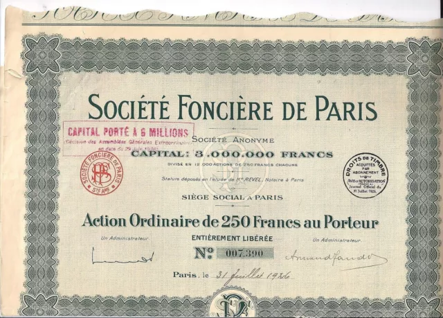Aktie - Société Foncière de Paris Action Ordinaire de 250 Francs au Porteur 1926
