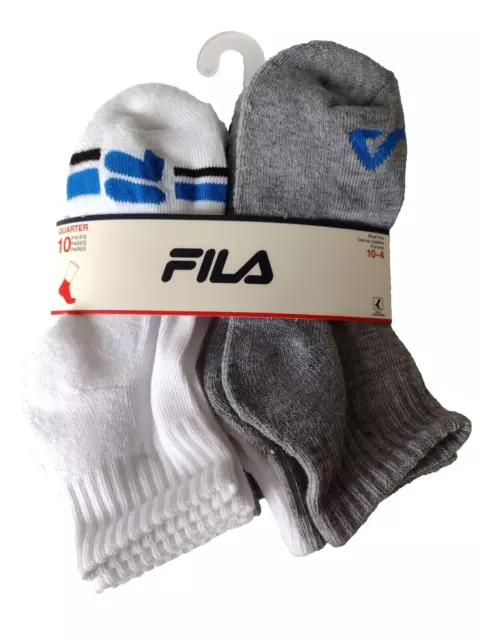 FILA Boy's Quarter Socks Shoe Size 10-4 White & Gray 10 Pack New