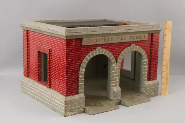 Antique Handmade Folk Art Wood Fire Department Station Model Cast Iron Firetruck