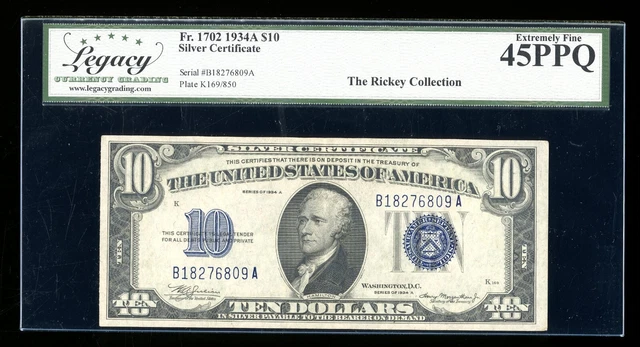 DBR 1934-A $10 Silver Fr. 1702 Legacy 45 PPQ Serial B18276809A