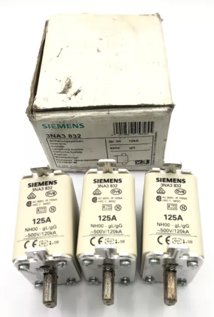 3 x Siemens NH00 gL/gG Industrial Fuse 125Amp 120kA 500v Square body 3NA3 832