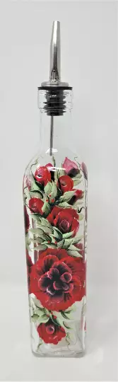 Oil Vinegar Glass Cruet Bottle Soap Dispenser Red Roses Hand Painted
