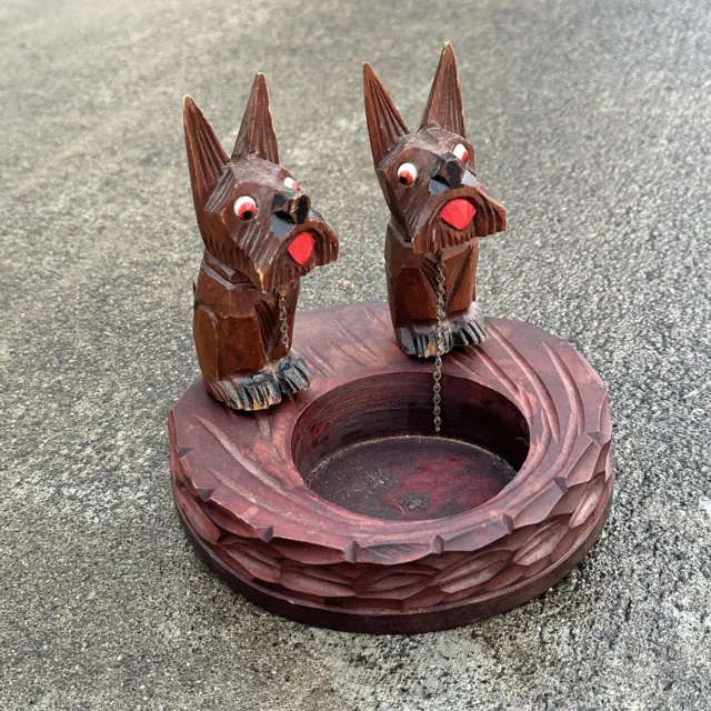 Vintage German Carved Wood Ashtray Trinket Dish Scottie Dog GONE TO THE DOGS MCM