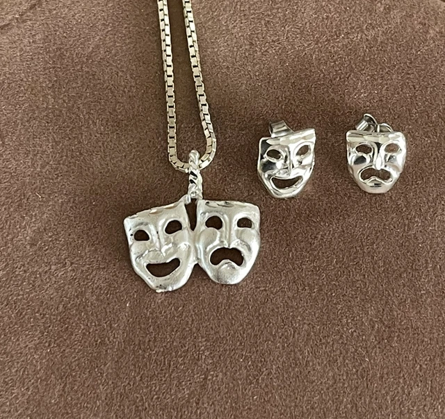 Vintage 925 Sterling Lle Comedy & Tragedy Theater Drama Masks Pendant Earrings Vintage 925 Sterling Lle Comedy & Tragedy Theater Drama Masks Pendant Earrings