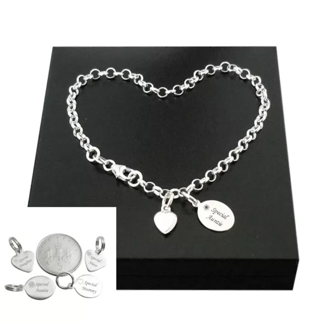 Sterling Silver Charm Bracelet with Engraved Tag for Daughter, Mum, Auntie etc