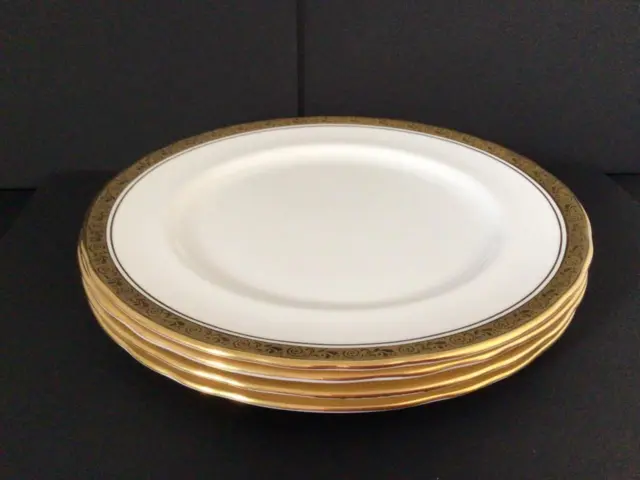 4 X Aynsley Argosy 8360 Gold Band Bone China Dinner Plates 10.5” Diameter