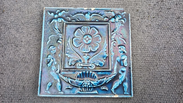 Old Vintage Antique Printed Pottery Fire Place Surround Tiles Blue Flower