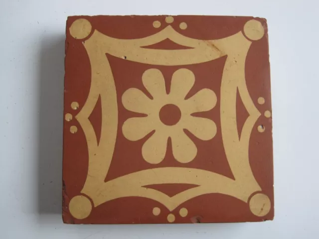 Antique Victorian Minton 5 1/2" Encaustic Tile - Terracotta  Buff Daisy C1835-45