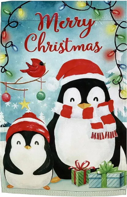Penguins Merry Christmas Garden Flag - 12" x 18", Double Sided, Festive Decor