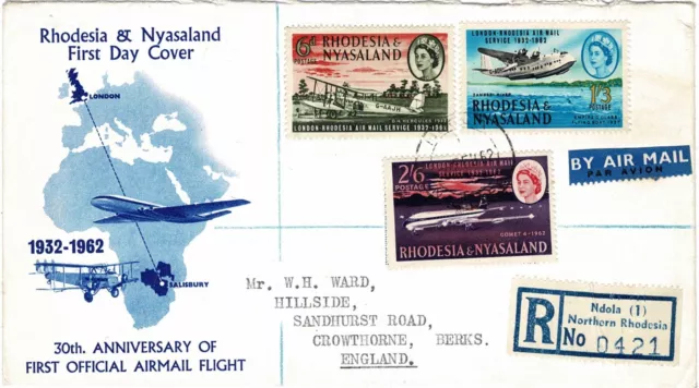 Rhodesia & Nyasaland 1962 Airmail Service First Day Cover Registered To Uk