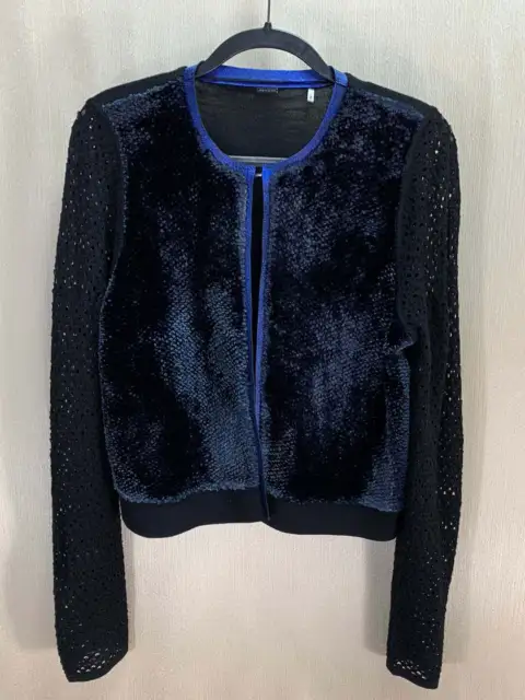 ELIE TAHARI black blue Merino Wool Viscose Velvet Lamb Leather Trim Jacket - L