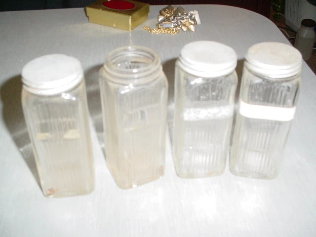 Four (4) Vintage Square Hoosier Cabinet Spice Jars, 1 3/4" x 1 3/4" x 4 1/2"