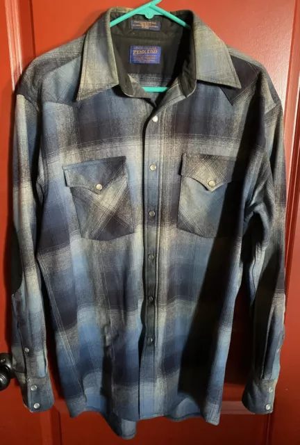 VTG Pendleton Western Shirt Mens Plaid Pearl Snap Flannel Wool Medium