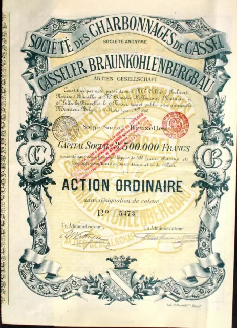 Casseler Braunkohlenbergbau AG Soc. des Charbonnages de Kassel Aktie 1900 Hessen