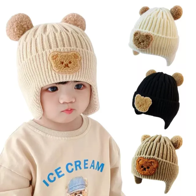 Winter Baby Beanie Cap Cartoon Bear Ear Protection Knitted Hat for Toddler Boys✅
