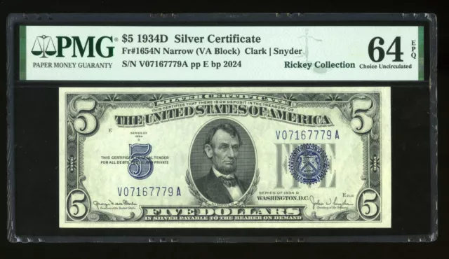 DBR 1934-D $5 Silver Fr. 1654N Narrow VA Block PMG 64 EPQ Serial V07167779A