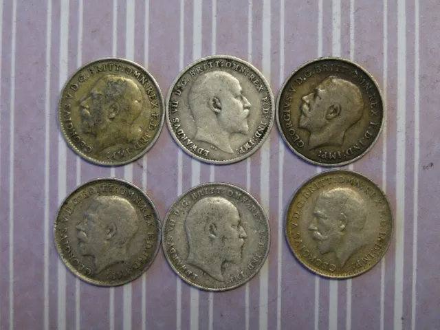 Six British .925 Silver Three Pence - Different Dates