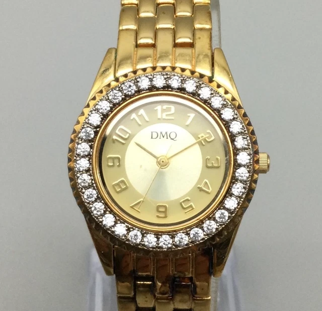 DMQ QVC WOMENS 27mm Gold Tone Watch CZ Crystal Bezel New  display picture 3