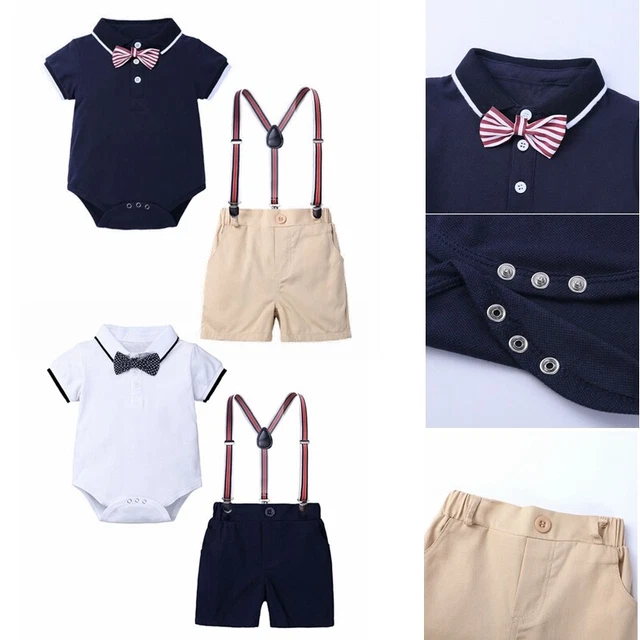 Baby Boys Short Sleeve Romper Y-Back Suspenders Shorts Gentleman Formal Suits
