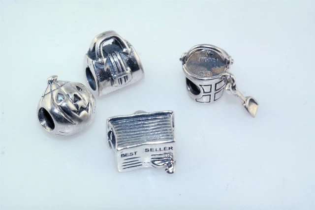 4pc Lot Chamilia Sterling Silver Charms Jack O Lantern Sand Pail Book Purse