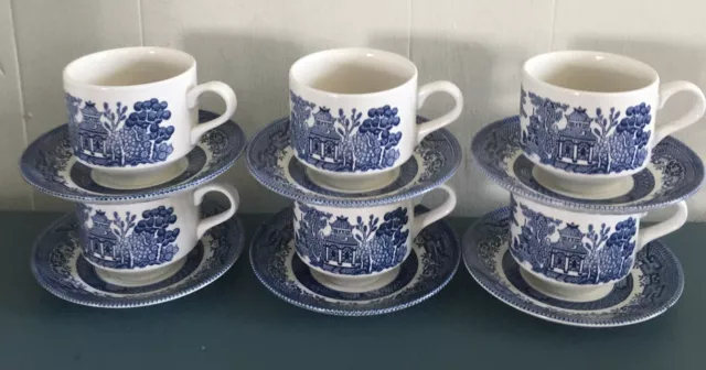 (6) Churchill Blue Willow Plates & Tea Cups Made In Staffordshire England China