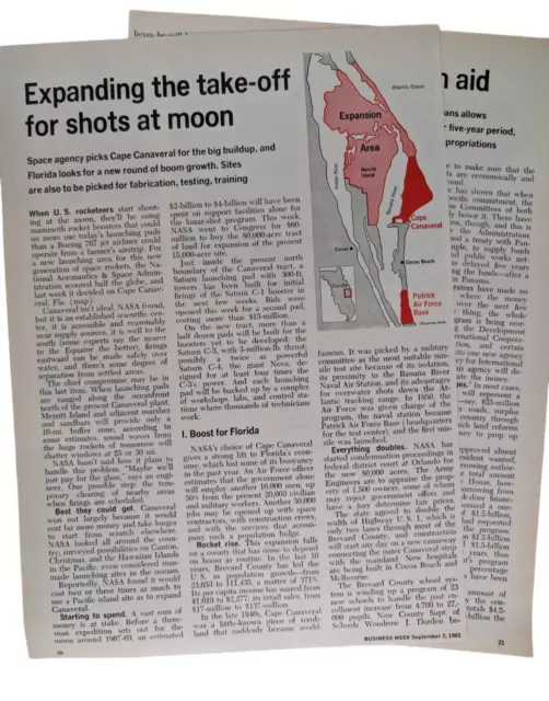 Cape Canaveral Florida Chosen For Moon Mission 1961 Business Week Story 2pg