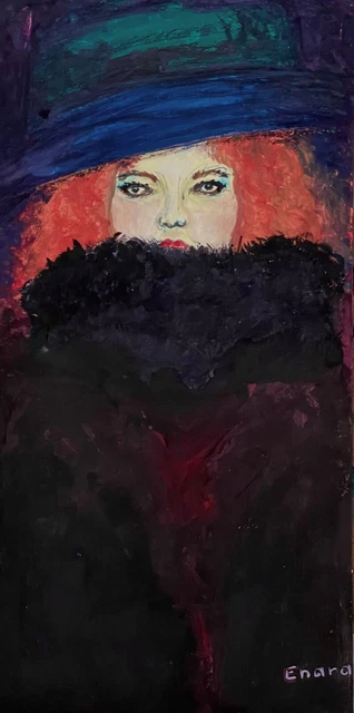 ENARA Art deco toile tableau peinture gouache Femme chapeau boa La Chapelière