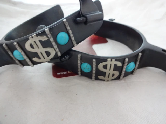 Black Iron Spurs $ Turquoise Pair Adult Horse Tack Rowels Western Dollar Sign 2