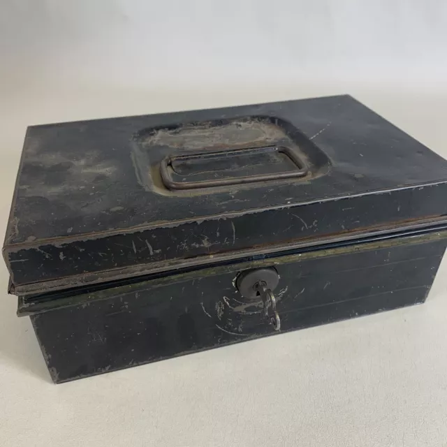 Vintage Metal Cash Lock Box Industrial Antique With Original Key