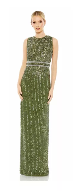 SEQUINED HIGH NECK SLEEVELESS OLIVE GOWN SIZE 10 Missing Sequins See Photos