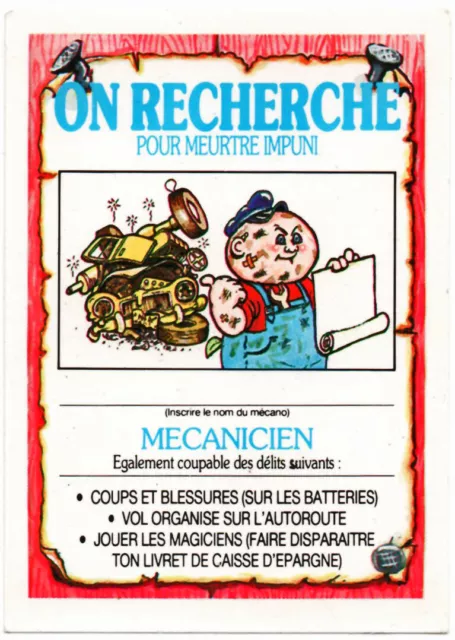 RARE !! ON RECHERCHE MECANICIEN Carte "LES CRADOS" Garbage Gang TOPPS 1985