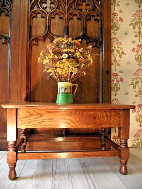 Arts and Crafts Coffee Table in Oak Circa 1900 with Carved End Aprons.