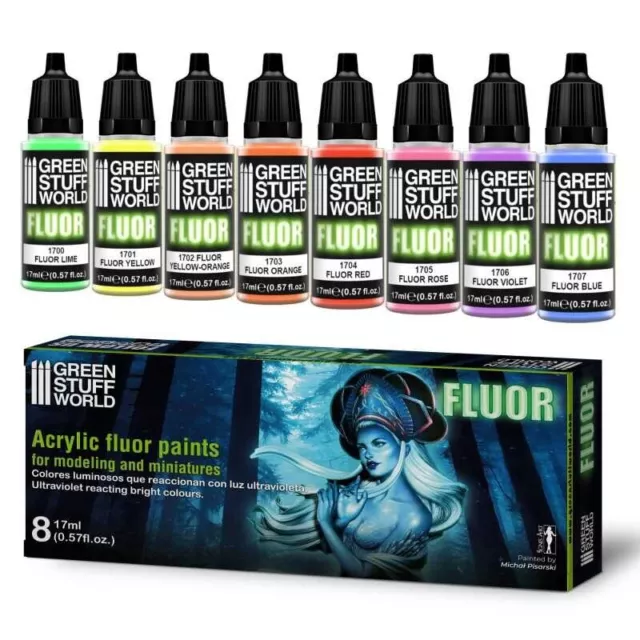 SET 8x Pittura Fluor 17ml - acrilico pennello aerografo vernice figure luce nera