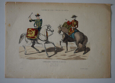 TIMBALIER TAMBOUR cheval XVIIIème COSTUMES de PARIS GRAVURE COULEURS XIXe siecle