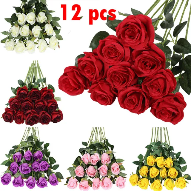 12 pcs Artificial Silk Fake Roses Flowers Long Stem Blooming Bouquet Home Decor