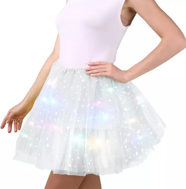 Weiß Tüllrock Damen, Sterne Pailletten Tanzkleid, Dehnbaren Minirock Mit LED Lic