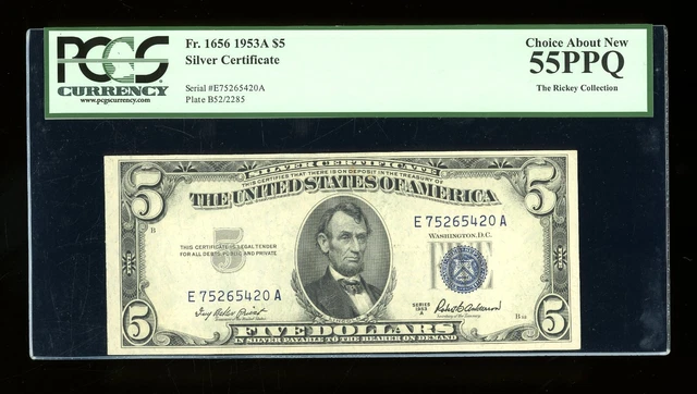 DBR 1953-A $5 Silver Fr. 1656 EA Block PCGS 55 PPQ Serial E75265420A